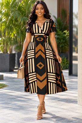 Robe midi à col en V et manches courtes pour femme en imprimé africain | Robe midi en imprimé africain | Bynelo
