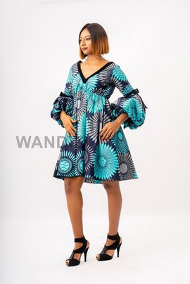 V-Neck Puff Sleeved Ankara Dress, African Print Dress, African Clothing for Women