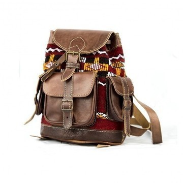 BIG SALE! Genuine Leather Backpack with Red Kilim Handmade by Cuiroma Craftsmen in Morocco