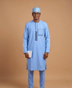 Men's Sky Blue African Kaftan Set with Accent Embroidery and Matching Cap