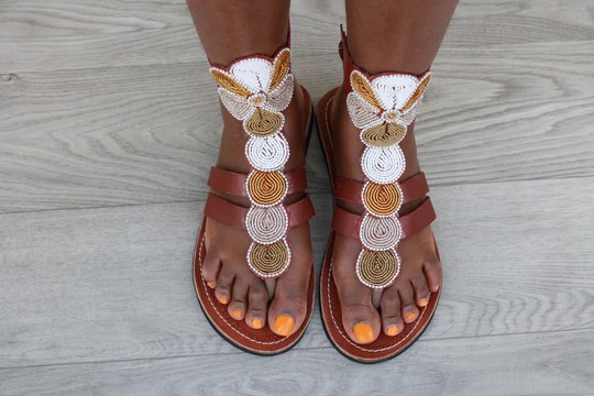 Handmade African Beaded Leather Sandals | White &amp; Gold Maasai Women’s Sandals | Summer Footwear