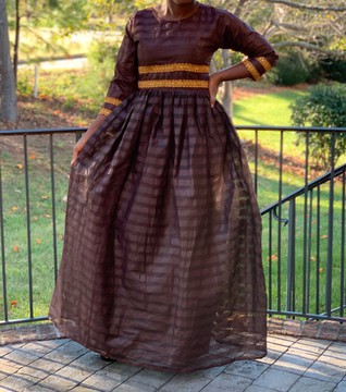 Elegant Brown Long Sleeve Maxi Dress with Gold Striped