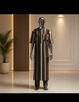 Ensemble kaftan long à rayures multicolores noir pour homme – Tunique longue à manches courtes avec pantalon
