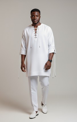 Men's Luxury White Lace-Up Tunic Set - Relaxed Fit Shirt with Eyelet Details and Trousers