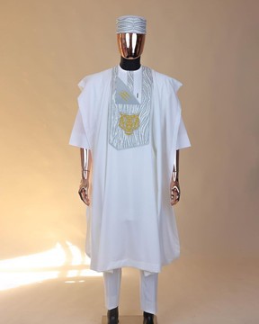 A White, roaring tiger metallic wire embroidery details agbada, 3/4 sleeve kaftan, hat &amp; sokoto
