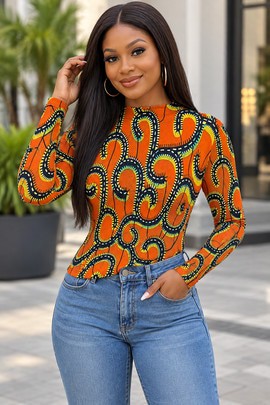 Ankara Spiral Geometric Print Women's Mesh Long Sleeve T-Shirt | Ankara Fashion | Bynelo
