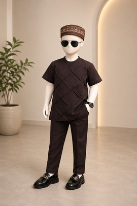 Boys Brown Quilted Diamond Pattern T-Shirt &amp; Trouser Set with Fila Cap | Kids Native Wear Outfit