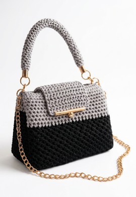 Handmade Crochet Crossbody Bag — Two-Tone Grey &amp; Black Knit Handbag with Gold Chain Strap &amp; Clasp