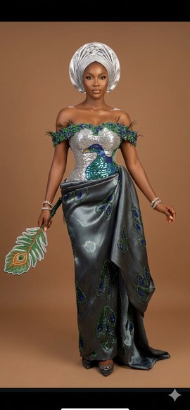Silver and Gunmetal Peacock-Inspired Silk and Sequin Gown