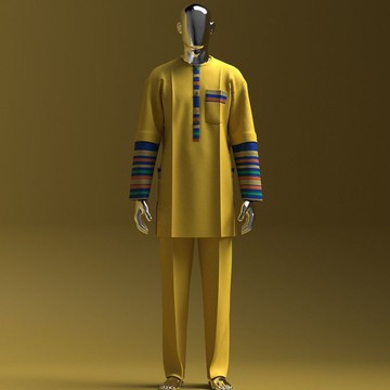 Men's Mustard Yellow Kaftan Set with Kente-Style Cuffs – Long Sleeve Tunic &amp; Trousers