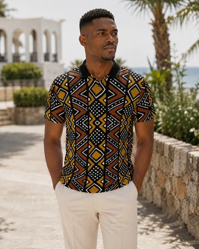 Geometric Tribal Pattern Men's Heavyweight Polyester Polo Shirt | African Pattern Fashion | Bynelo
