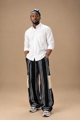 Men’s Black Striped Cargo Trousers with White Shirt and Traditional cap