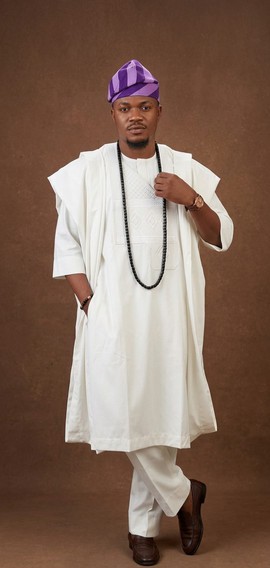White Agbada with Purple Striped Cap
