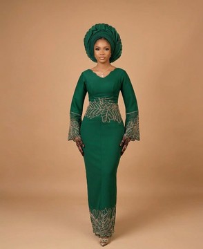 Regal Emerald Green Embroidered Aso Oke long Gown with  Pre-tied Matching Gele