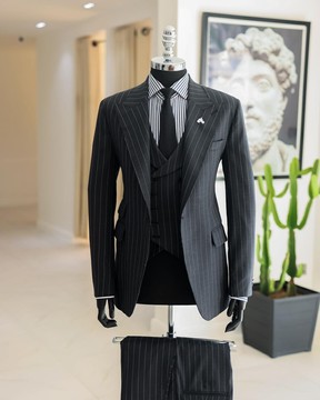 A Gris anthracite, rayure crayon ivoire, jorgecarli, tricot, costume à revers en pointe