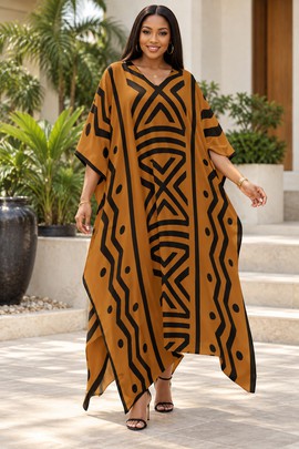 Robe midi à col en V et manches courtes pour femme en imprimé africain | Robe midi en imprimé africain | Bynelo