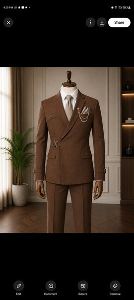 Men's Brown Wrap-Front Blazer with Buckle Waist Detail and Trousers – Two-Piece Formal Suit Set