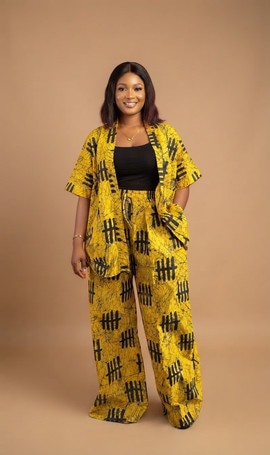 Yellow and Black Tribal Print Two-Piece Kimono and Wide-Leg Pants Set