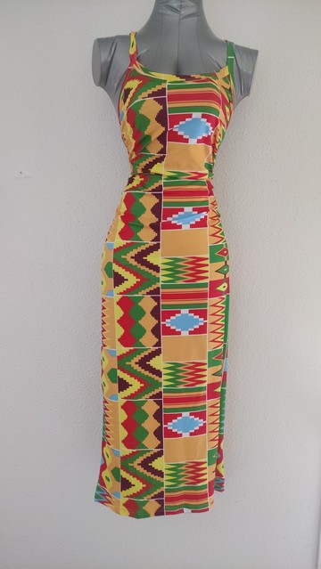 Robe midi stretch avec motifs imitation kenté - dos nus - croisé dans le dos