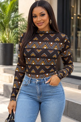 T-shirt à manches longues en maille à imprimé géométrique bogolan pour femme | Mode en tissu bogolan | Bynelo