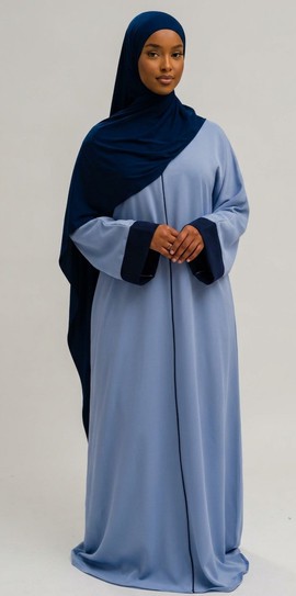 Slate Blue open Abaya with Navy contrast cuffs