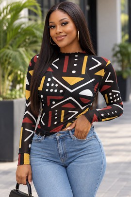Tribal Bogolan Mudcloth Print Women's Mesh Long Sleeve T-Shirt | African Print Fashion | Bynelo