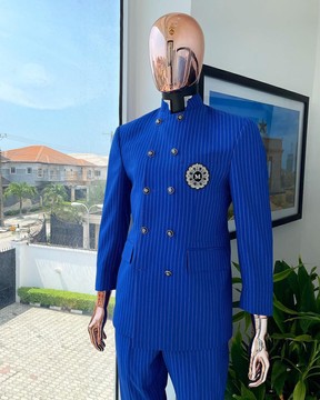A pencil stripe cobalt &amp; sky blue “preacher” double breasted safari suit