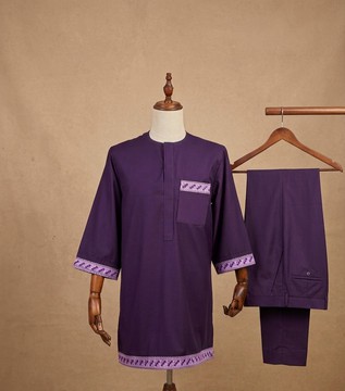 Ensemble sénateur violet brodé pour homme avec pantalon, deux pièces — mariage/cérémonie