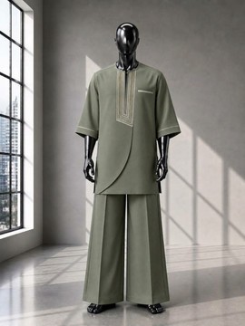 Haut de kaftan vert sauge pour homme et pantalon à jambes larges | Tenue traditionnelle moderne Nigeria Afrique