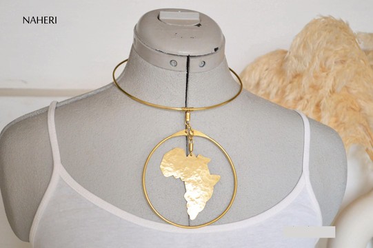 African map brass necklace hammered jewelry