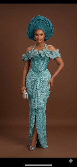 Teal Beaded Corset Gown with 3D Floral Appliqués