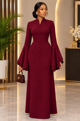 Women's Burgundy Button Front Maxi Dress – Long Layered Bell Sleeve Mermaid Dress