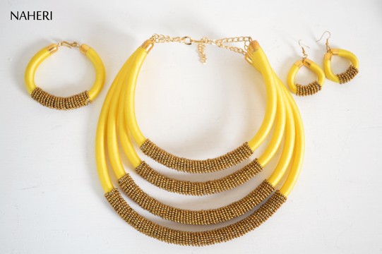 African inspired beaded layered necklace earrings bracelet set | Handmade yellow neck piece