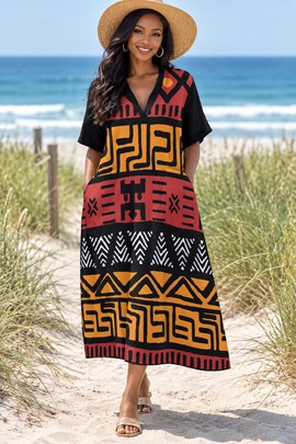 Robe midi ample à col en V pour femme en bogolan | Mode à imprimé africain | Bynelo