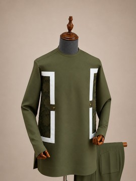 Ensemble tunique à manches longues et pantalon vert olive pour homme – Tenue traditionnelle africaine à panneaux contrastés