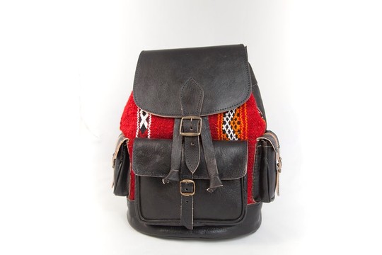 Genuine leather backpack with red kilim
