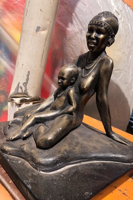 Nude African woman and child bronze sculpture