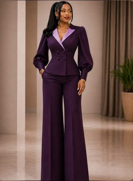 Women's Deep Purple Puff Sleeve Blazer &amp; Wide-Leg Trouser Set