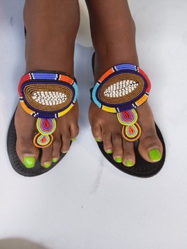 Femmes africaines sandales multicolores / sandales en cuir / sandales plates marron