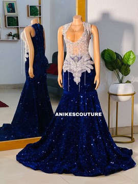 Blue sequin prom dress, African clothing for women, prom dress