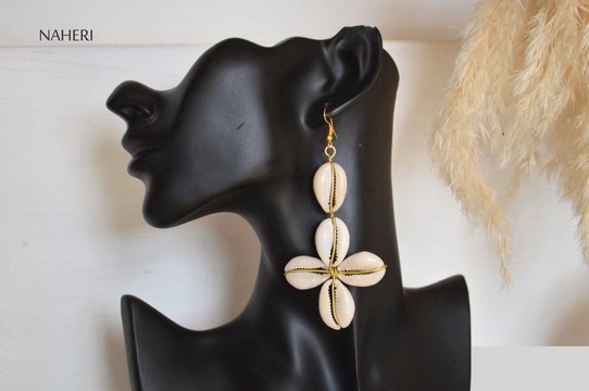 African cowrie shell and brass earrings