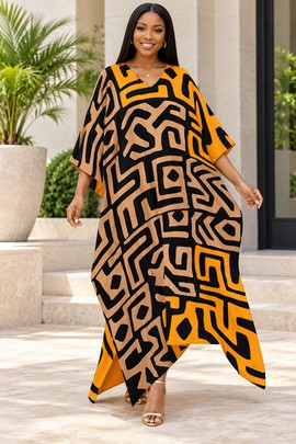 Robe midi à col en V et manches courtes pour femme en imprimé africain | Robe midi en imprimé africain | Bynelo