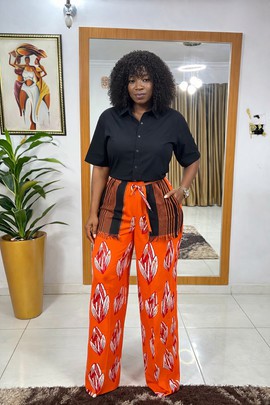Ensemble de luxe en pagne orange avec pantalon à jambes larges pour femme – Tenue élégante de mode africaine