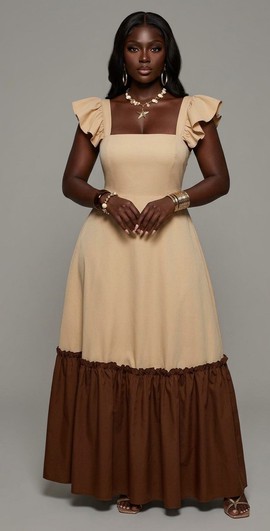 Two-Tone Ruffle-Sleeve Tiered Maxi Dress — Sand &amp; Chocolate Colourblock Gown