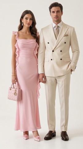 Ruffle Gown &amp; Double-Breasted Ivory Suit — A Couple's Story in Blush &amp; Cream