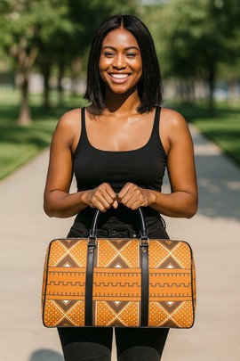 African Leather Bag for Travel Mud Cloth Tribal Orange Print