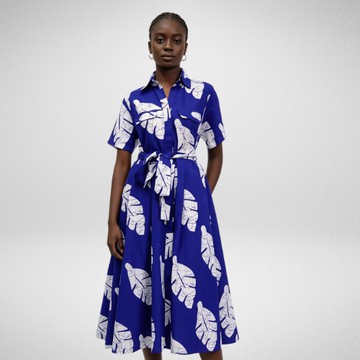 Ankaka Blue Leaf Print Cotton Shirt Midi Dress with Belt