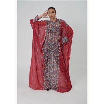Red Floral Print Multicolor Chiffon Sheer Maxi Kaftan Dress