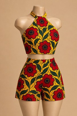Ensemble crop top dos nu et short taille haute en Ankara – Tenue deux pièces à imprimé africain