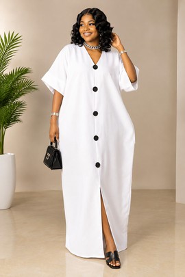 Women’s White Button-Down Kaftan Maxi Dress – Elegant V-Neck Batwing Sleeve Long Gown